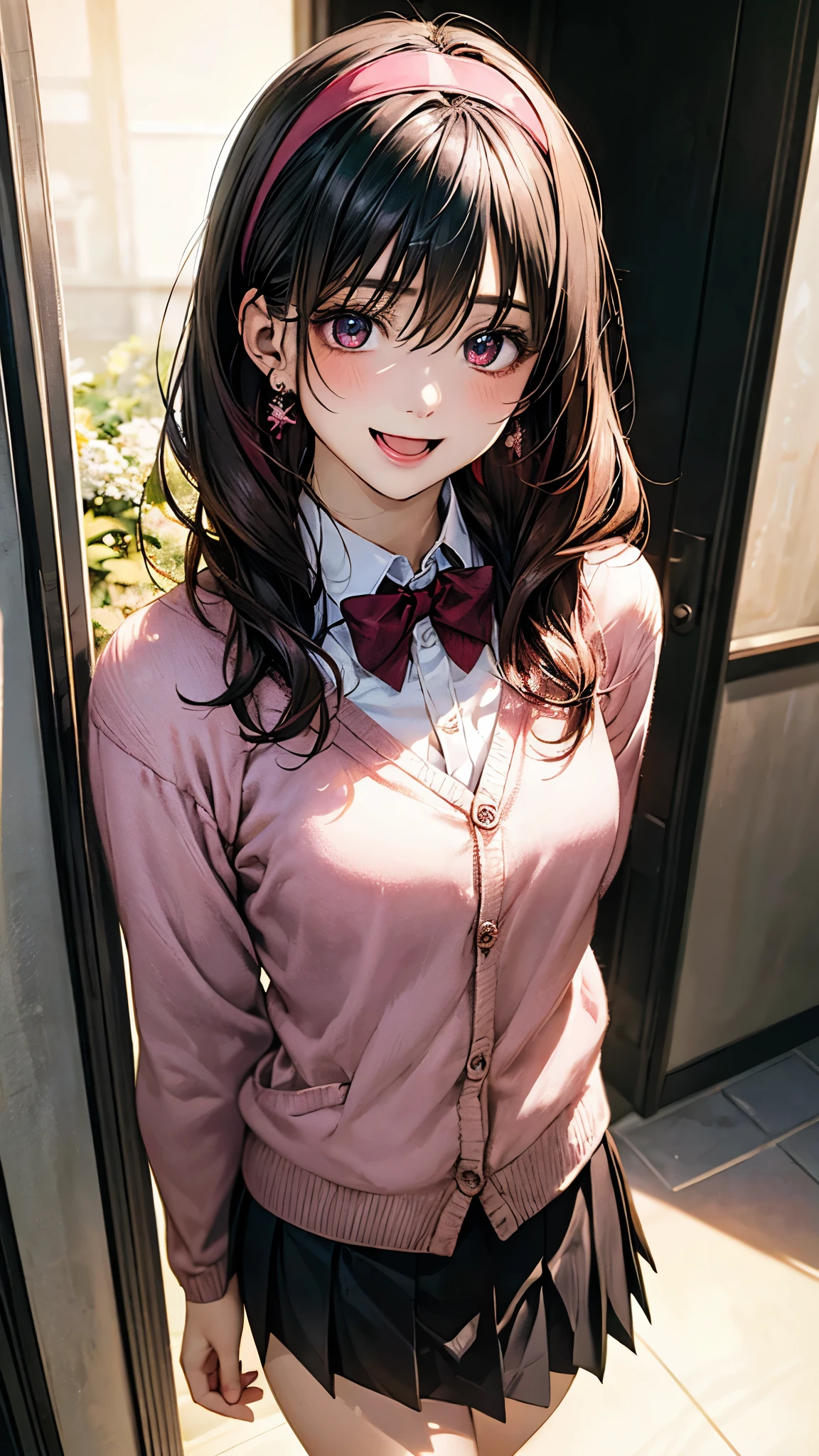 (masterpiece:1.2, highest quality), (realistic photo:1.4), beautiful illustrations, (natural side lighting, movie lighting), 
looking at the viewer, 1 girl, japanese, high school girl, perfect face, cute symmetrical face, shiny skin, baby face, 
(long hair, straight hair, black hair), hair between eyes, maroon eye, (medium chest, seductive thighs, big ass), earrings, break (dark red hairband, dark red flat bow tie), break
beautiful hair, beautiful face, detailed and beautiful eyes, beautiful clavicle, beautiful body, beautiful breasts, beautiful thighs, beautiful feet, beautiful fingers, slender, 
(white collared shirt, long sleeve pink knit cardigan, black pleated mini skirt), break 
(beautiful scenery), evening, (school hallway:1.1), (pigeon toed, hold out homemade cookies), (lovely smile, upper eye, open mouth small), 