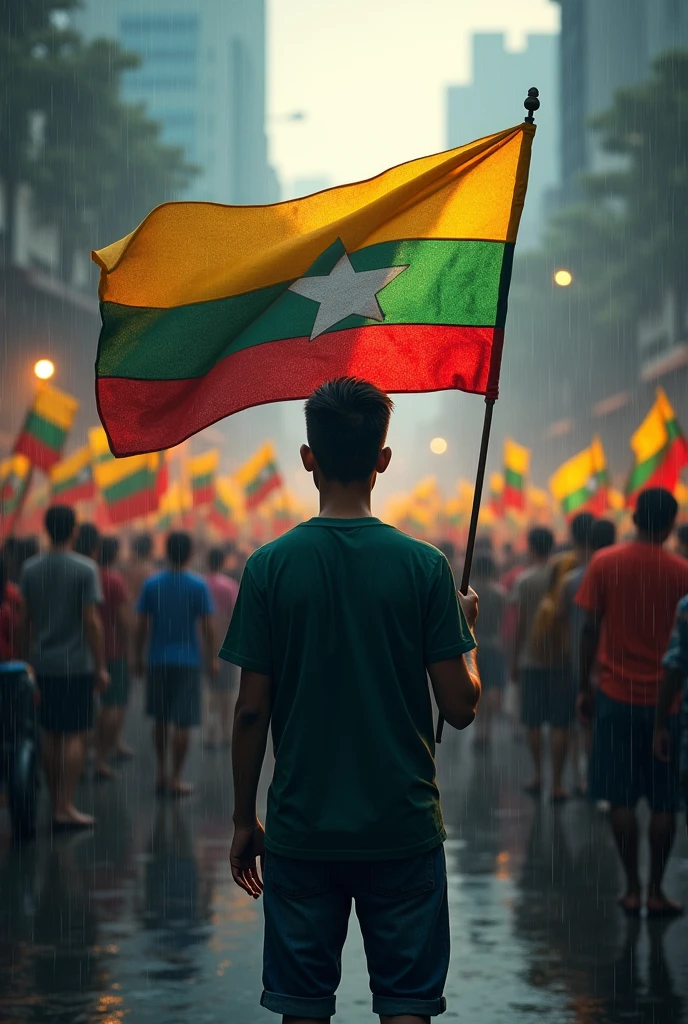 a 20 year old boy stands on the street of mudo city in the rain with a Myanmar flag In

 his hands behind hundreds of people are standing with the flag of Myanmar