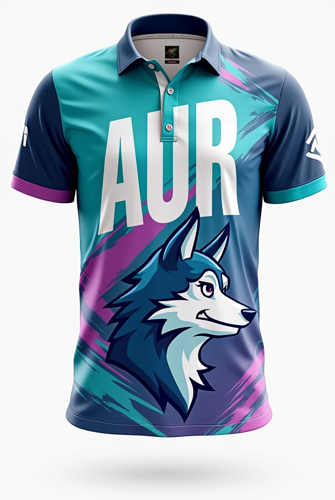 

"Design a Mobile Legends shirt with a collared, 3-button neckline. The center front should feature the word 'AUR' in a sans-serif font. On the back, center the player's name above their role. Use a color palette of blue, teal, gray, black, white, and blue-violet. The design should incorporate geometric shapes, wind-like slashes, and subtle snowflake elements. Avoid an excessive amount of snowflakes. Lastly, include an abstract husky with light blue eyes in a chin-up, strong pose in the bottom right corner of the front."