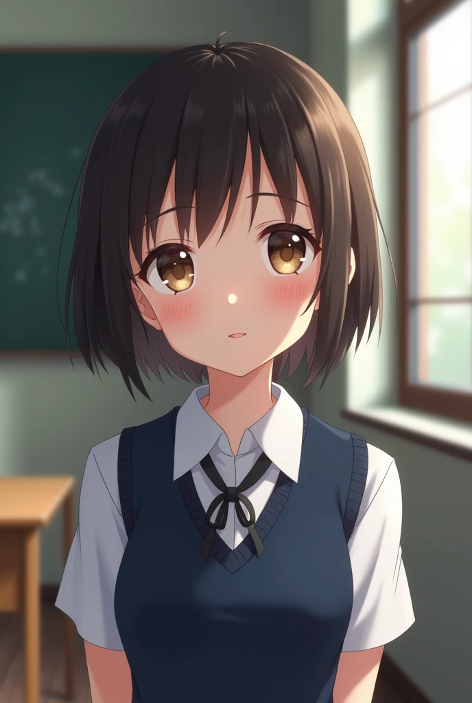 best quality, face focus, soft light, ultra high res, (photorealistic:1.4), RAW photo, 1japanese girl, solo, cute, (shy smile:0.5), (brown eyes, lights in the eyes), detailed beautiful face, (small chest),(high resolution detail of human skin texture), (short bob hair), BREAK, in classroom,navy school uniform, vest, skirt