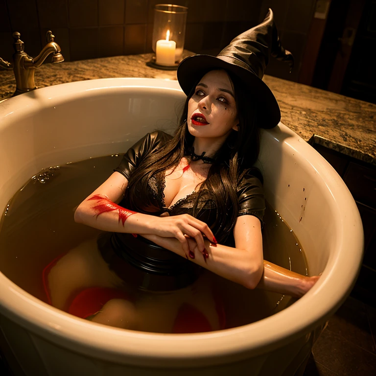 Undead wounded witch is boiled in a huge cauldron, blood, horror atmosphere