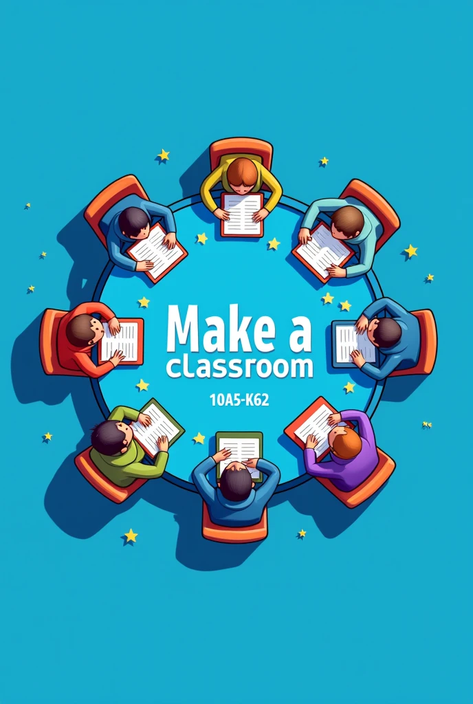 make a classroom logo, technology wallpaper, surrounded by students studying, blue background, with the words 10A5-K62 in the middle, surrounding stars, with the words Le Xoay High School