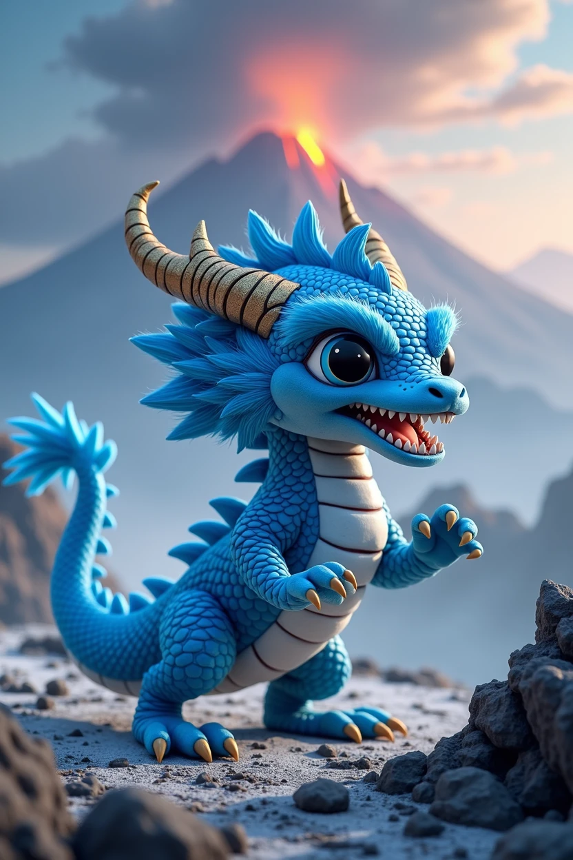 Chinese style blue dragon,Background volcano,fighting stance,fierce,like a fighter,cute