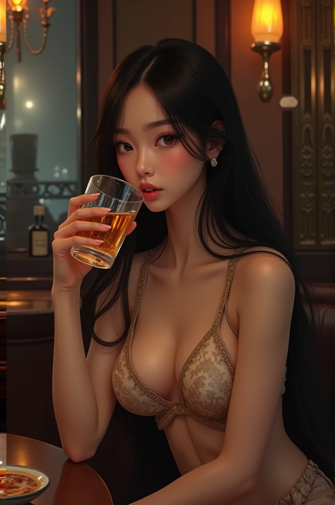 Thai girl sitting and drinking alcohol