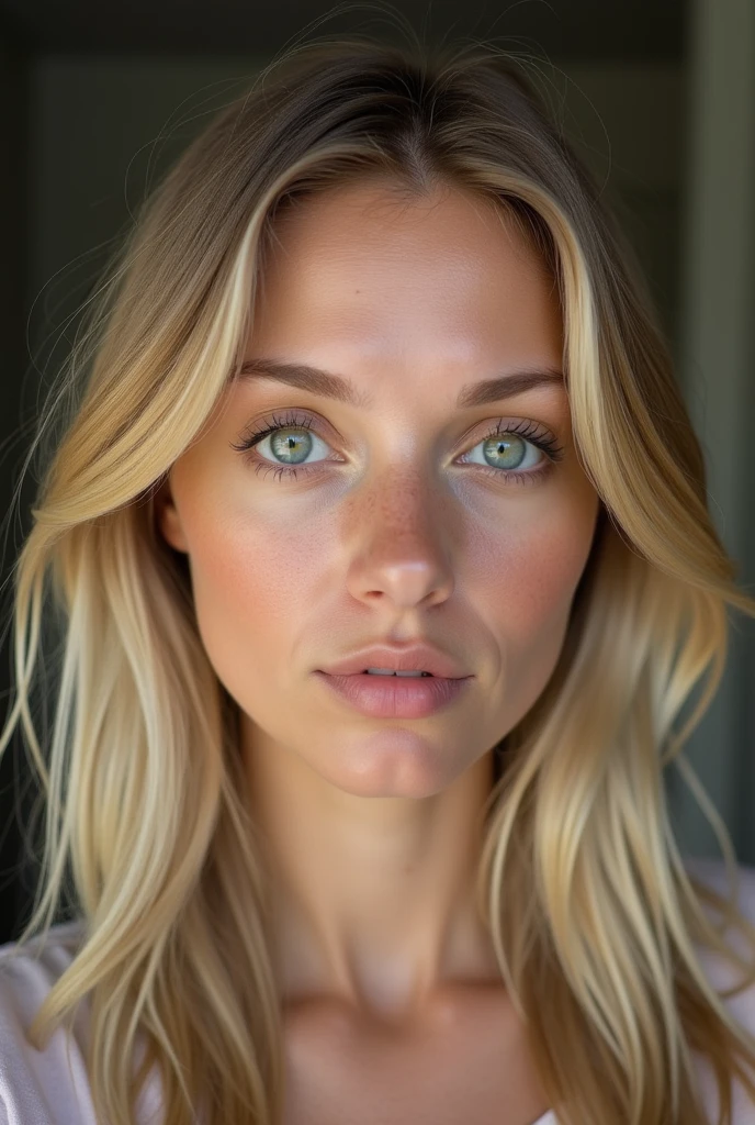 look straight into the eyes of a woman with blonde hair from the front you can see her entire head and shoulders 18 years old