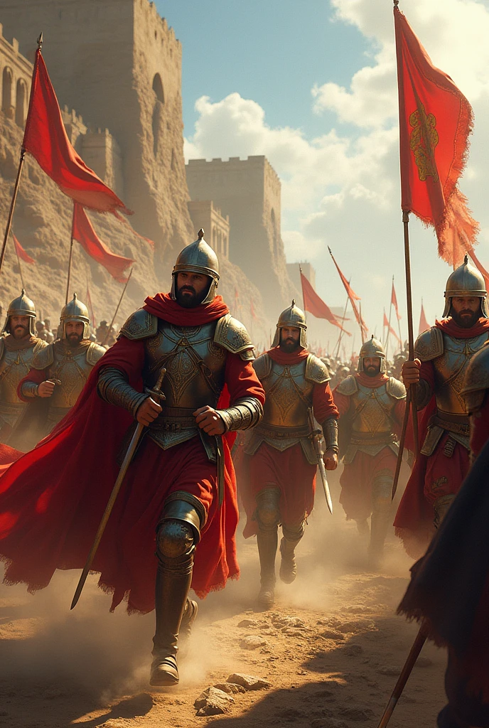 An epic, creative scene of Orthodox Christian soldiers triumphing over Arabic soldiers. Hyper-realistic.