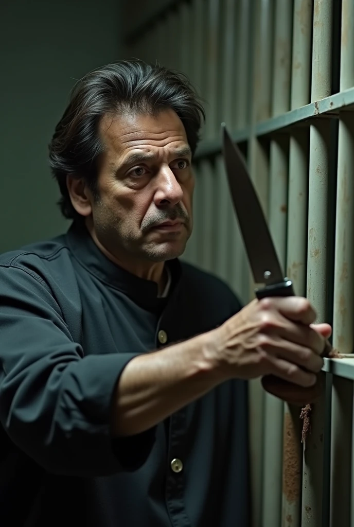 A photo of imran khan in jail holding cutting head of nawaz sharif