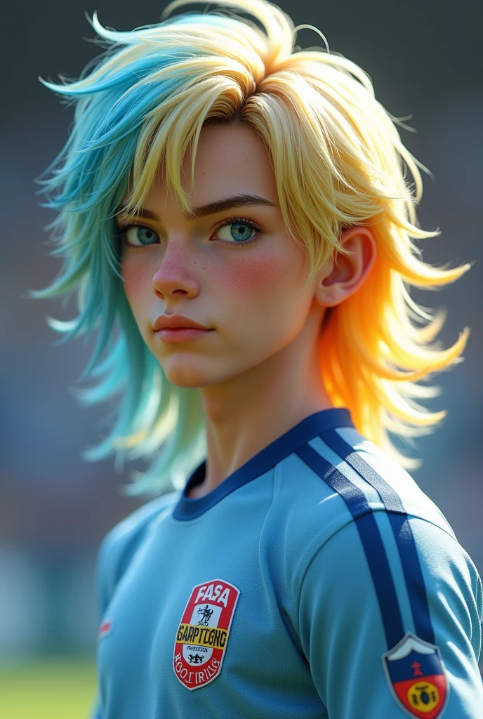 1boy,blonde hair, [(gradient hair from blue to blonde:1.4):0.4], footballar,slant eyes,long hair,{blue} inner hair,20 years old,hime cut,center part
