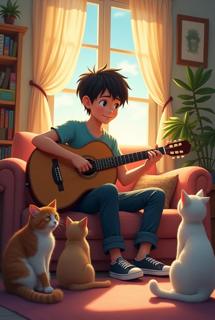Anime boy sitting in a room playing guitar with cats surrounding and listening to the music