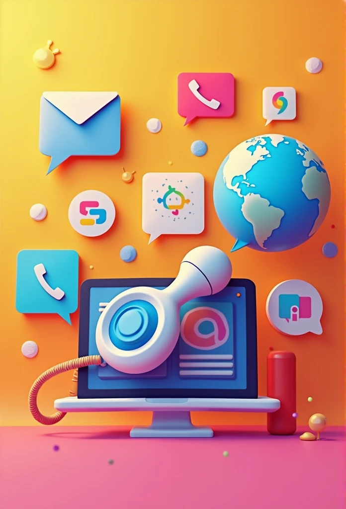 Na imagem, there are symbols representing different forms of communication, como um telefone, um envelope de e-mail, um megafone para marketing , a chat bubble of chat conversations, um globo que simboliza a internet, entre outros. The background is colorful and vibrant to attract attention. Estilo pixar