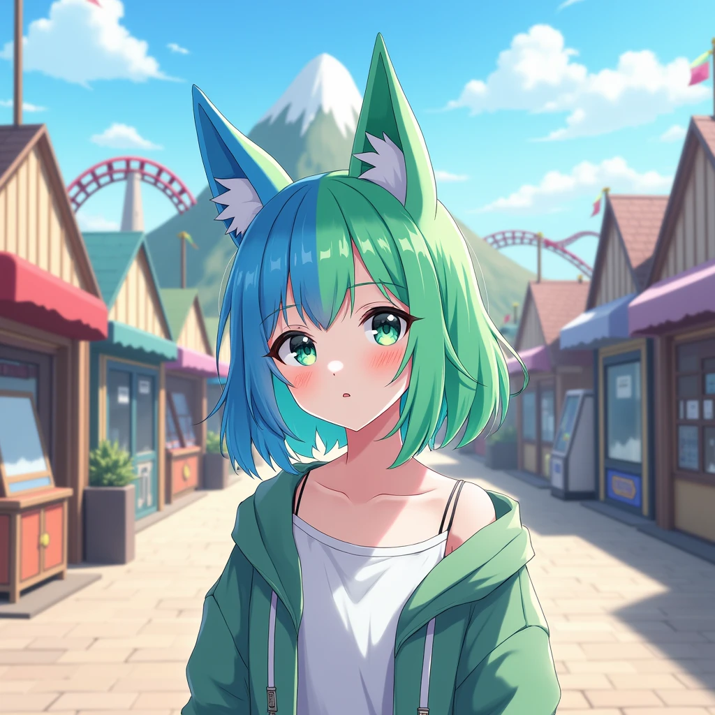 outdoor anime style portrait of a Non-Binary person with short-mid length hair that is blue on one side and green on the other. They are standing in an amusement park that has a small mountain in the background with a rollercoaster around it. Shops and games on either side of the walkway they are on. They are also wearing cute fox-ears. 