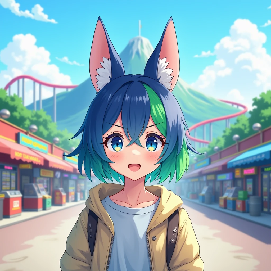 outdoor anime style portrait of a Non-Binary person with short-mid length hair that is blue on one side and green on the other. They are standing in an amusement park that has a small mountain in the background with a rollercoaster around it. Shops and games on either side of the walkway they are on. They are also wearing cute fox-ears. 