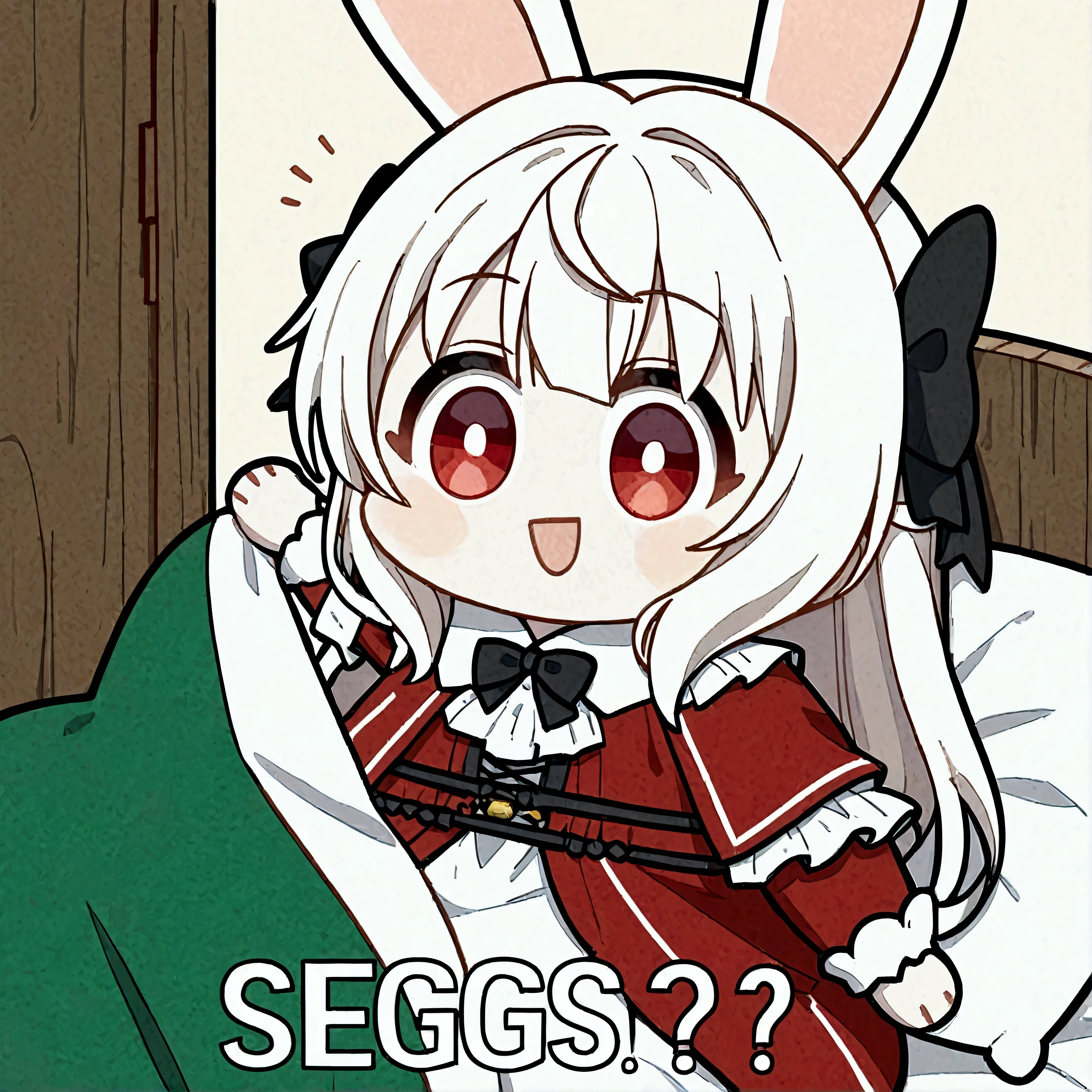 score_9, score_8_up, score_7_up, score_6_up, score_5_up, score_4_up, source_anime,source_furry,rating_safe,rating_questionable,masterpiece, best quality, perfect anatomy , very aesthetic , absurdres, Seggs, chibi, open mouth, smile, (english large text says "SEGGS???"),1girl\(2.5D,cute,kawaii,small ???,white hair:1.4,(long hair),(rabbit ear),white long dress with frill,red eyes,big eyes,skin color white,big black hairbow,\), inside neat cute wooden house,close-up of text
