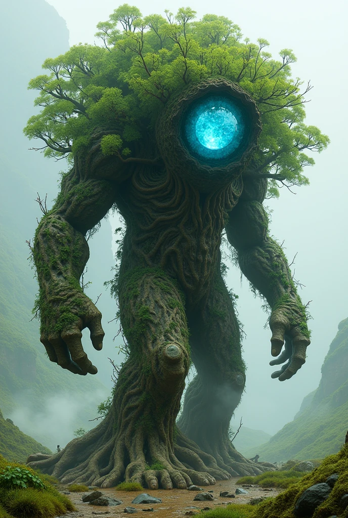 A living, human-like tree, large in size, able to walk and embedded with a small blue crystal.