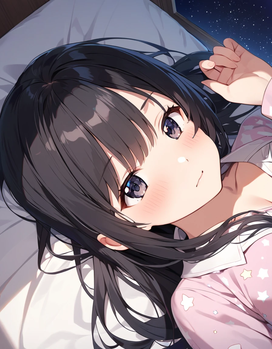 Girl,cute,cute,From above,Chest to head,Look up here,Embarrassed,Straight Hair,Long Hair,Black Hair,big breast photos,looking at the camera,Sleepy look,Lying in bed,Bedroom,night,Starry Sky,pajamas