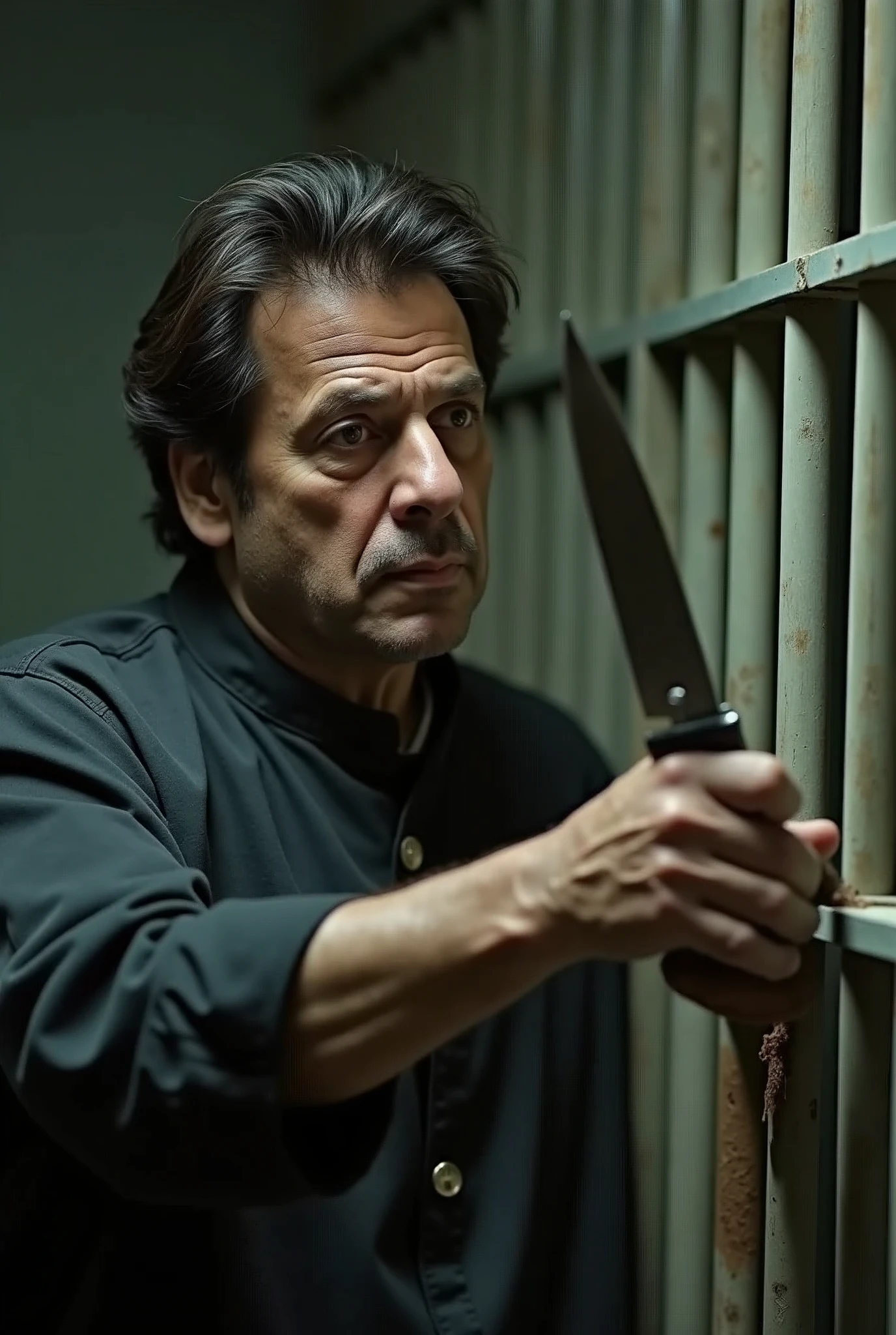 A photo of imran khan in jail holding cutting head of nawaz sharif