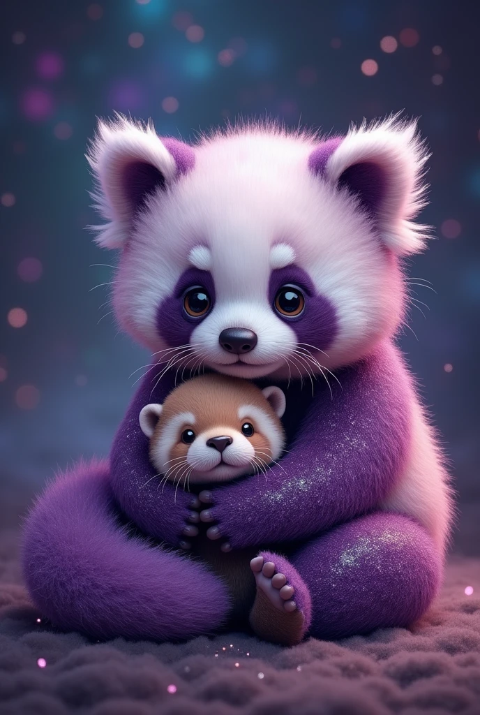 Cute and fluffy chubby purple glitter baby panda, cuddling with an extra cute baby otter, galaxy background