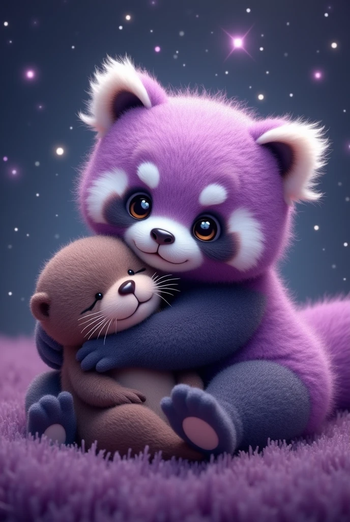 Cute and fluffy chubby purple glitter baby panda, cuddling with an extra cute baby otter, galaxy background