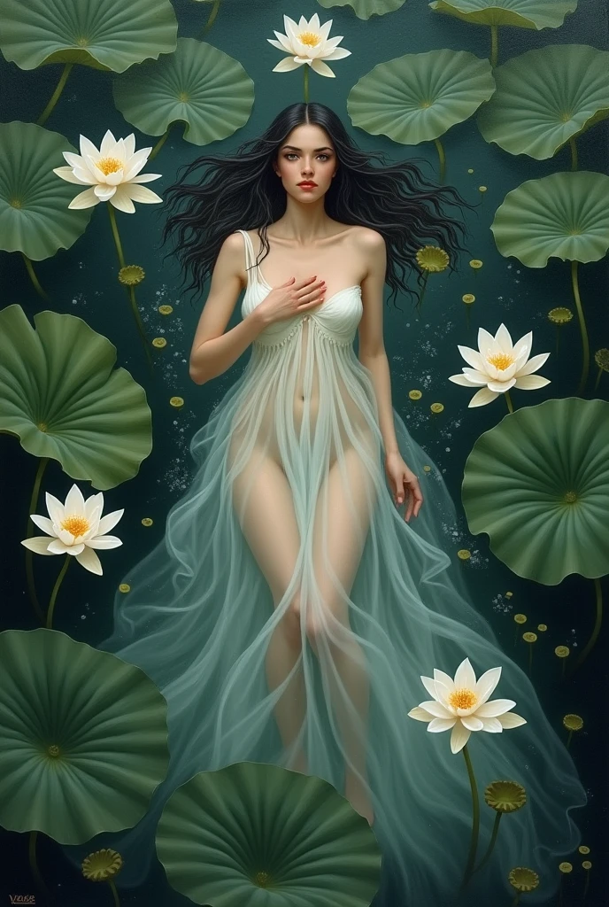 nude girl art, Full tattoo, (Masterpiece, Top quality, Best quality, Official art, Beautiful and aesthetic: 1.2), (1 flower), full body, Extremely detailed, (Fractal art: 1.3), Colorful, More detailed , “ Best Quality”, “Masterpiece, slight smile, open legs, view of pubic hair, 1 sexy girl in transparent forest clothes, exposed breasts, open transparent t-shirt, tattoos of mandalas and flowers, Best quality, black hair fused into the flow of water, naked girl, beautiful visible pubic area, small breasts visible, pond of water in the garden, tattoos of mandalas and flowers on the naked body, old floating clock, lamp, lantern, skin wet with water, ( (floating bed in pond)), ((beautiful girl lying in bed)), fantasy, view from above, legs open, crystal clear water showing stone bottom, (((girl sleeping in bed, floating bed in pond water))), lotus flower, lotus flowers, realistic oil painting, visible pencil drawing strokes, closed eyes with long eyelashes, magical princess dream, night light with lamps, wlop artistic style,