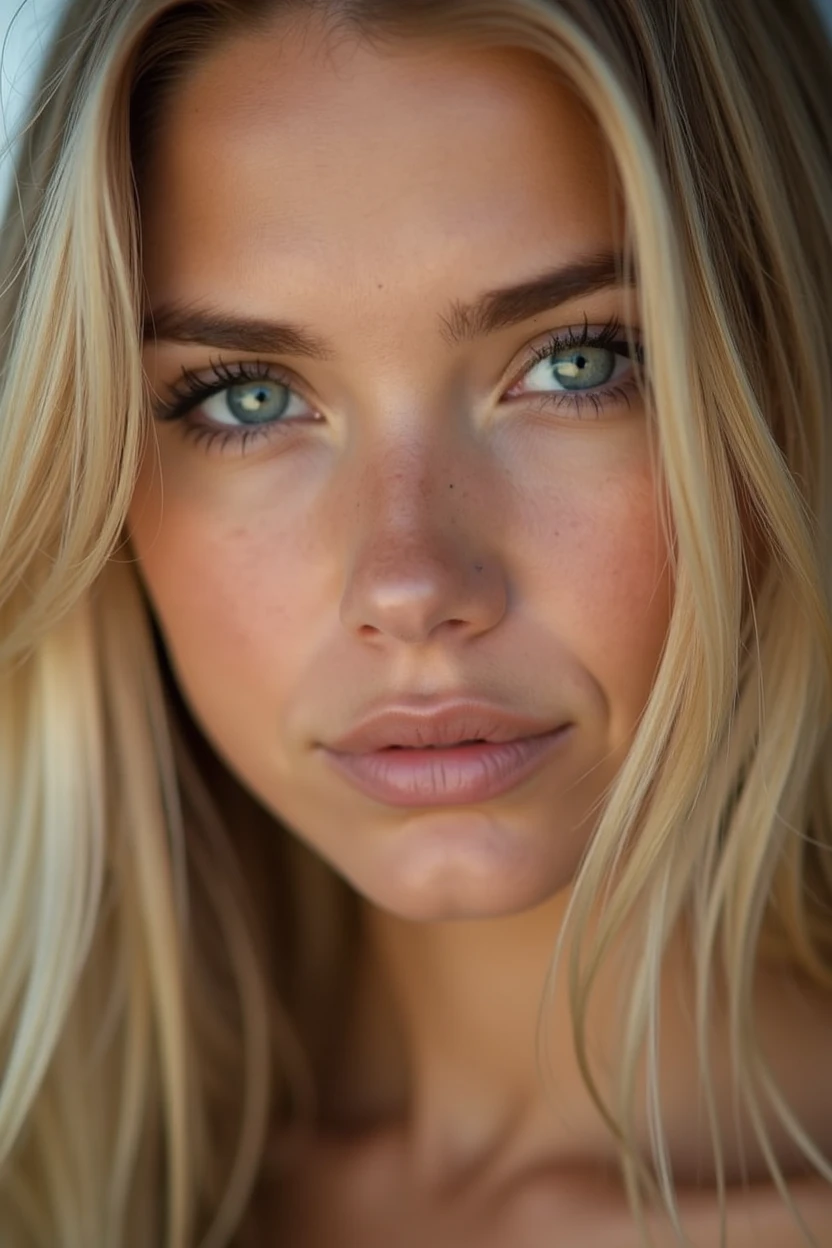regarde droit dans les yeux femme tinture blonde de face