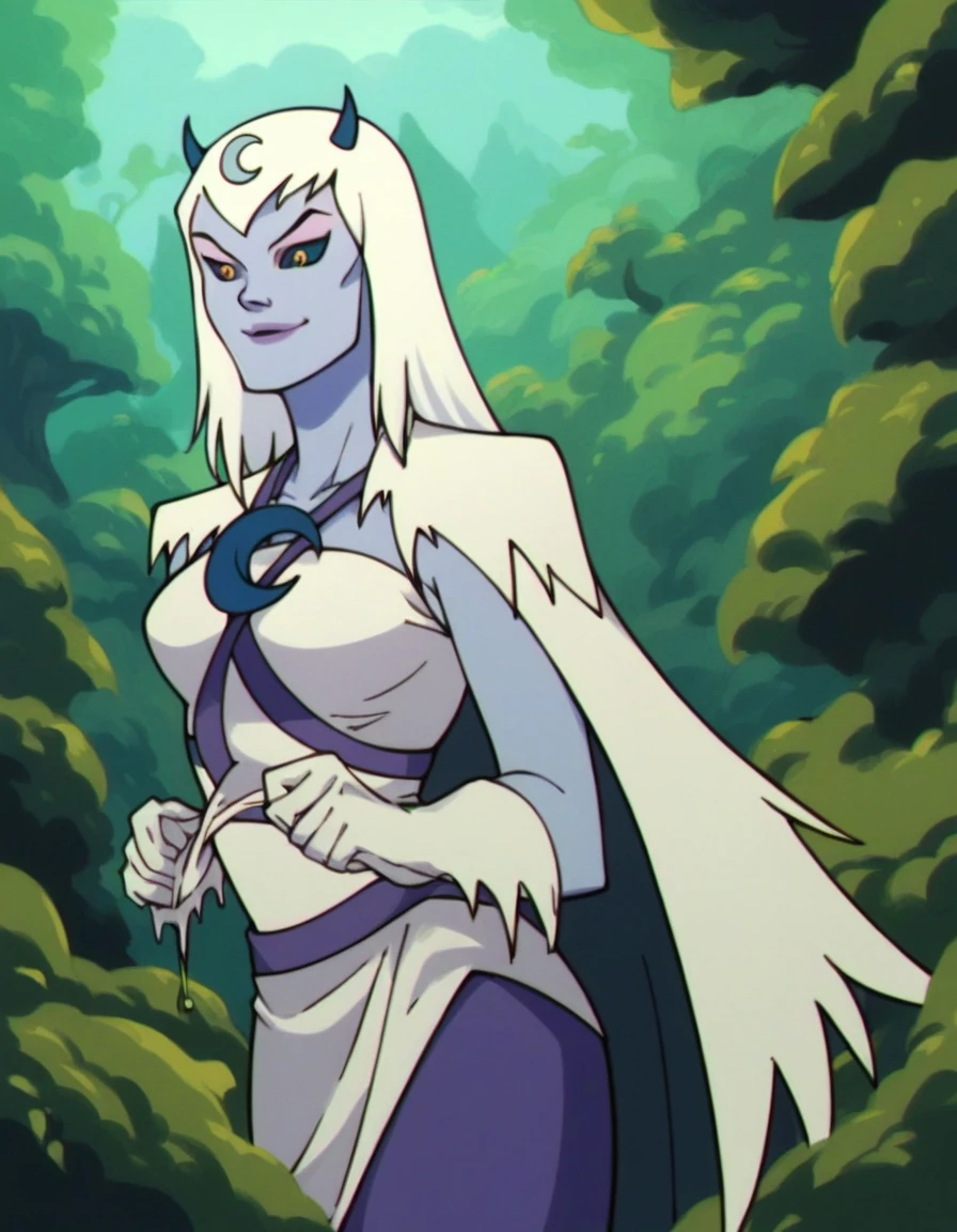 score_9, score_8_up, score_7_up, score_6_up, score_5_up, score_4_up, a girl in the snow forest,  chilla, thundercats, icicles, standing, cape, smile, colored skin, white hair, long hair, solo,  black sclera, yellow eyes,  score_9, source_anime