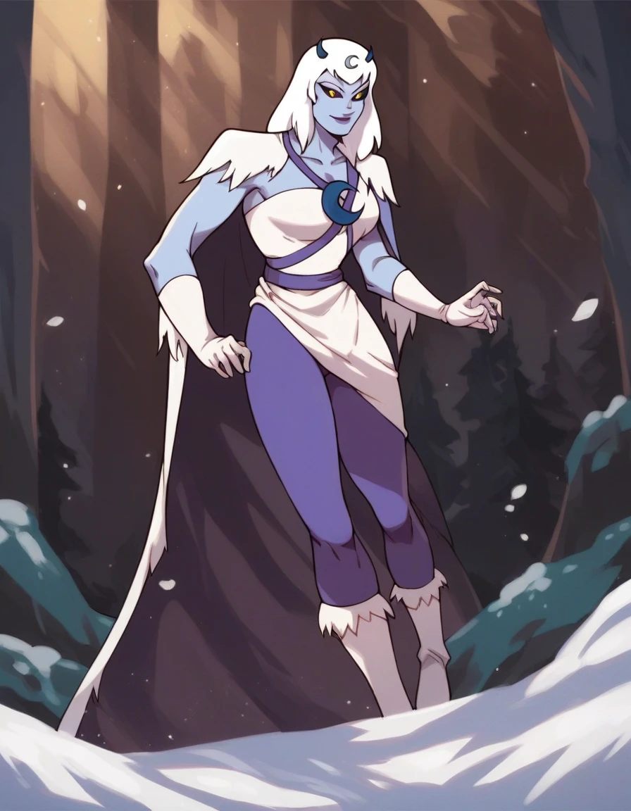 score_9, score_8_up, score_7_up, score_6_up, score_5_up, score_4_up, a girl in the snow forest,  chilla, thundercats, icicles, standing, cape, smile, colored skin, white hair, long hair, solo,  black sclera, yellow eyes,  score_9, source_anime