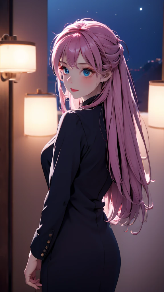 1 Girl , Girl medium light Pink hair, light gray&blue eyes, wearing black suit 4D, night town , high res, ultrasharp, 8K, masterpiece, looking from behind