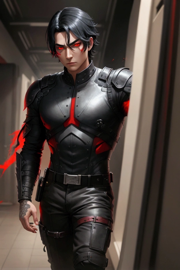 A man with black hair and red eye cool