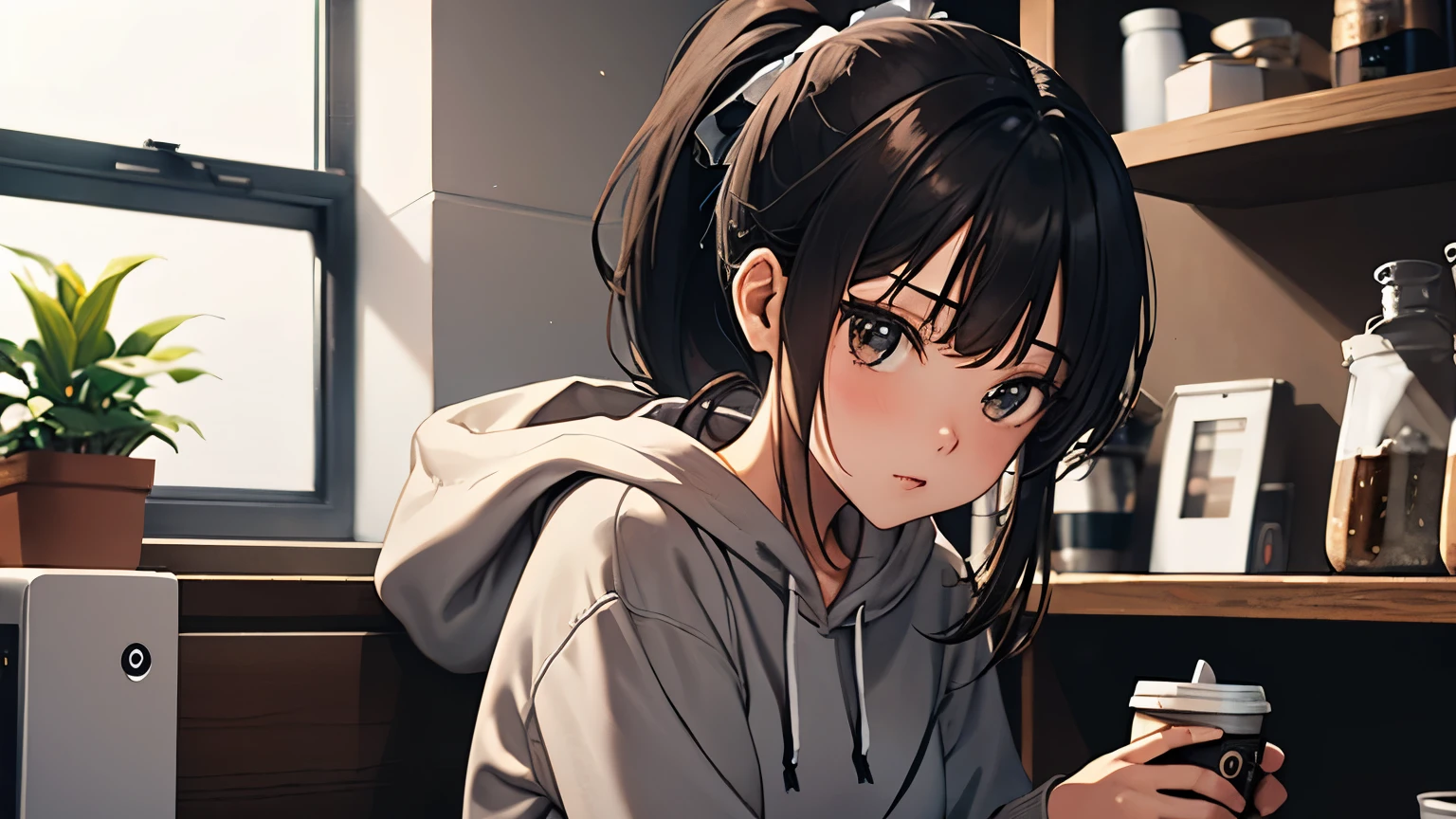 (One girl, brunette, medium hair, ponytail, grey hoodie, long sleeves, miniskirt), (Large cafe, coffee shop, espresso machine, potted plant, picture frame)