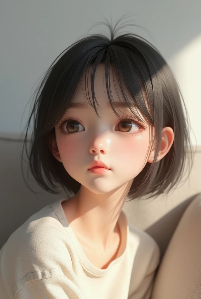 ((1 Female:1.5)),(Natural white skin:1.5), ((Sitting on the couch:1.5)), Milk tea colored hair, Very short hairstyle,(Milk tea hair color, Very short hairstyle:1.5))((Upper body close-up)) (photo Realistic:1.4), (hyper Realistic:1.4), (Realistic:1.3), (Gentle, smooth lighting during the day:1.05), (Improve the quality of natural lighting indoors:0.9), 32K, One girl,20 year old girl, Realistic lighting, Soft light backlight, Light on the face, Ray-tracing, (Gentle daytime light:1.2), (Improvement of quality:1.4), (Highest qualityのリアルテクスチャスキン:1.4), Detailed drawn eyes, Detailed painted face, Quality Eyes, (Tired, sleepy and satisfied:0.0), Highest quality、Complex CGI、Highly detailed face, (Enhances the beauty of skin texture:1.1)((The background is a bright white studio:1.5)),Sitting on the couch:1.5