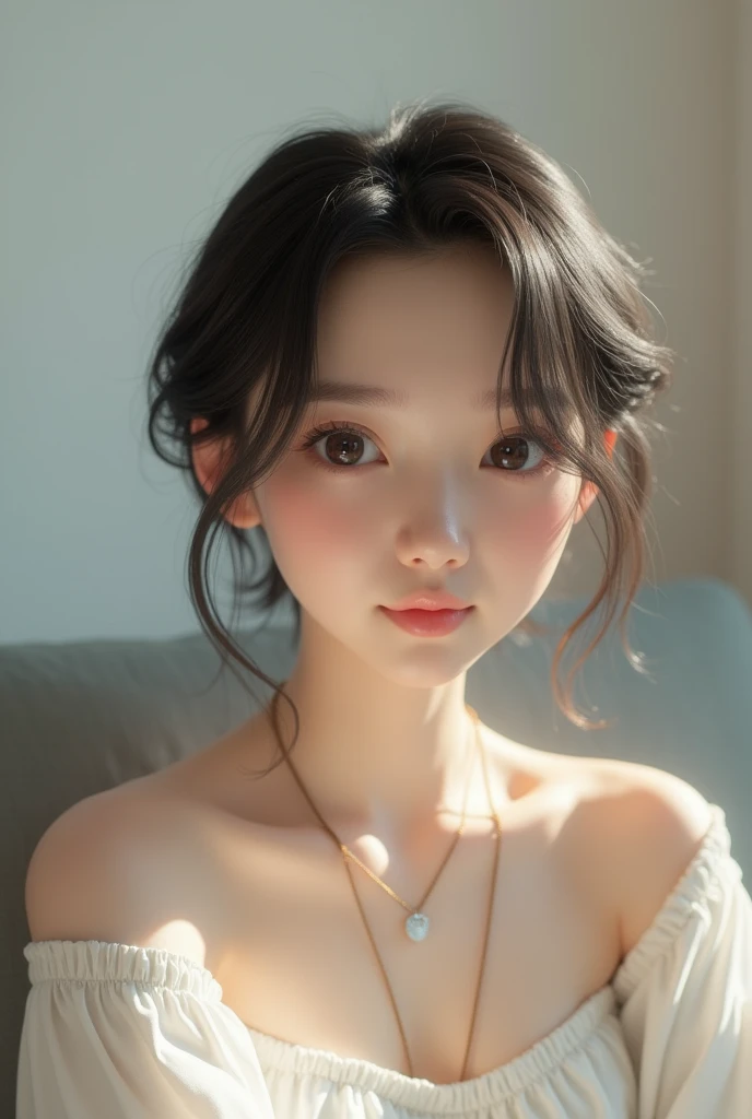 ((1 Female:1.5)),(Natural white skin:1.5), ((Sitting on the couch:1.5)), Milk tea colored hair, Very short hairstyle,(Milk tea hair color, Very short hairstyle:1.5))((Upper body close-up)) (photo Realistic:1.4), (hyper Realistic:1.4), (Realistic:1.3), (Gentle, smooth lighting during the day:1.05), (Improve the quality of natural lighting indoors:0.9), 32K, One girl,20 year old girl, Realistic lighting, Soft light backlight, Light on the face, Ray-tracing, (Gentle daytime light:1.2), (Improvement of quality:1.4), (Highest qualityのリアルテクスチャスキン:1.4), Detailed drawn eyes, Detailed painted face, Quality Eyes, (Tired, sleepy and satisfied:0.0), Highest quality、Complex CGI、Highly detailed face, (Enhances the beauty of skin texture:1.1)((The background is a bright white studio:1.5)),Sitting on the couch:1.5