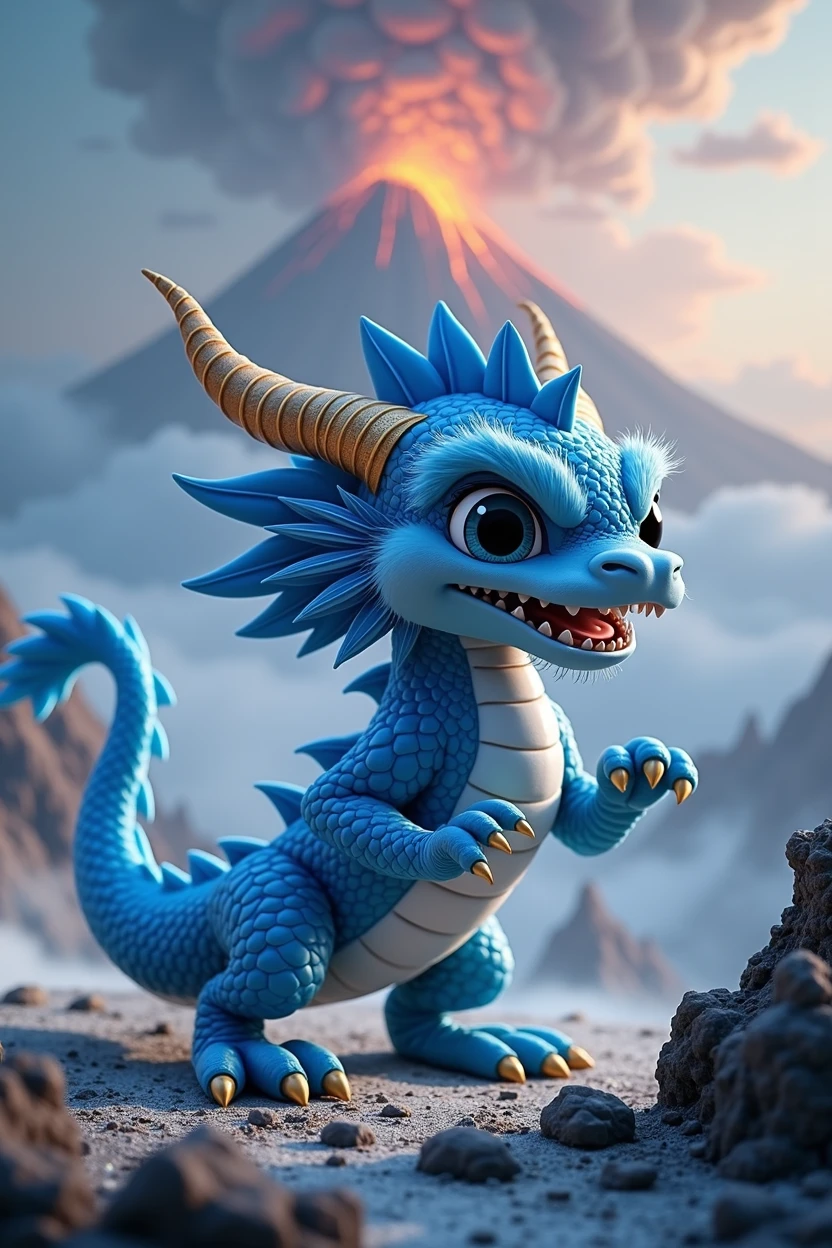 Chinese style blue dragon,表情cute,combat status,Background volcano,fighting stance,fierce,like a fighter,cute