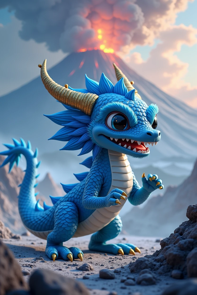 Chinese style blue dragon,表情cute,combat status,Background volcano,fighting stance,fierce,like a fighter,cute