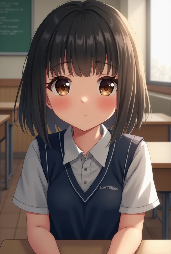 best quality, face focus, soft light, ultra high res, (photorealistic:1.4), RAW photo, 1japanese girl, solo, cute, (shy smile:0.5), (brown eyes, lights in the eyes), detailed beautiful face, (small chest),(high resolution detail of human skin texture), (short bob hair), BREAK, in classroom,navy school uniform, vest, skirt