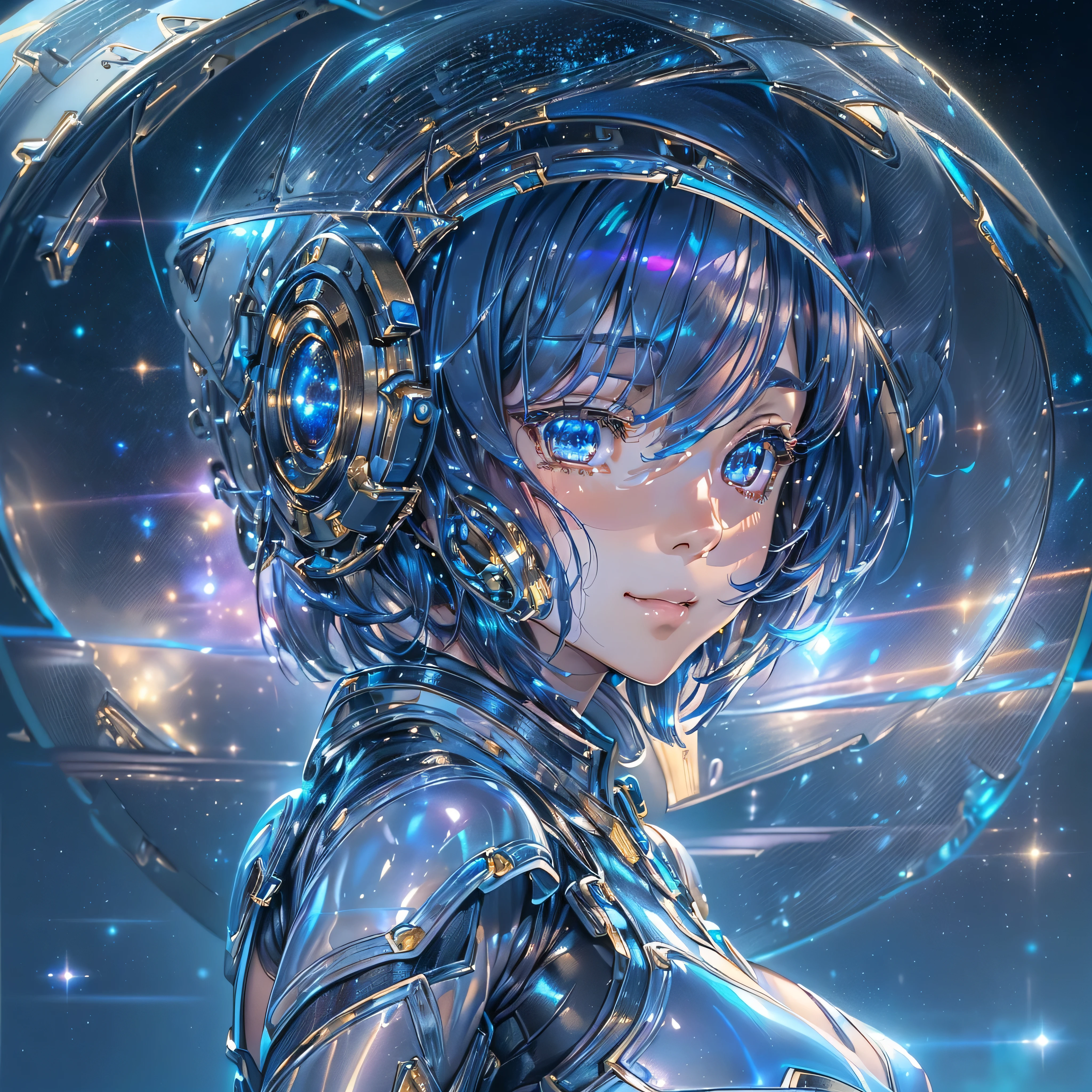 ((Holographic glow effect)),(masterpiece、Highest quality、Highest Resolution、Clear_image、Detailed details、Angle from above): (Whole body、One 20 year old girl、Japanese Faces、Small Face、Slender、Navy blue super short bob cut hair、(Hidden small breasts:1.3)、Sparkling blue eyes、Shiny pilot suit in blue and black colors、Chest protection armor、Tight fitting clothes、Clothing that covers the whole body、Glamorous clothes、Tight Fit Pants、Hide your skin、Very delicate and beautiful、Detailed Skin、hide thighs、Hide your ass、Cute、A gentle smile、Soft expression、heroine、headset、Knee-high boots、Elbow-length gloves、Eye Level Shot、Face directly、Woman on a spaceship)