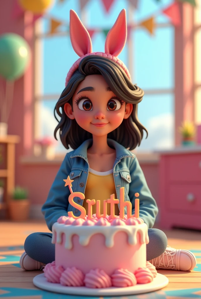3D illustration of a cute girl
sitting casually on front of a cake. The character must wear casual moder clothing such as jeans jackets and sneakers shoes. The background of the image is a party theme. Write 'sruthi' on the birthday cake. Make sure the text is not misspelled. His age is 22