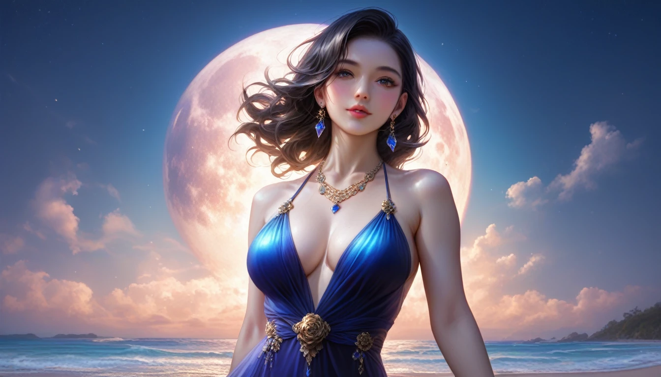 score_9, score_8_superior, score_7_superior, A masterpiece in 32K resolution,Highest quality,it is really amazing,Very detailed,Ultra-high resolution,Ultra-realistic,Realistic,Increased depth of field,Cinematic lighting,
Sexy mature Japan woman,
black straight medium hair,Ultra-detailed and beautiful face,Gentle expression,Translucent white skin,Realistic skin texture,
Elegant swimwear,
Elegant and luxurious design,Colorful color patterns,Beautifully detailed decoration,Detailed fabric texture,
Gorgeous necklace,Earrings,
Coastline at night,delay々A desolate sandy beach that continues,The huge moon illuminates the beach in a fantastic way,Dark clouds floating in the dark night sky,
Cinematic,Low - Angle,