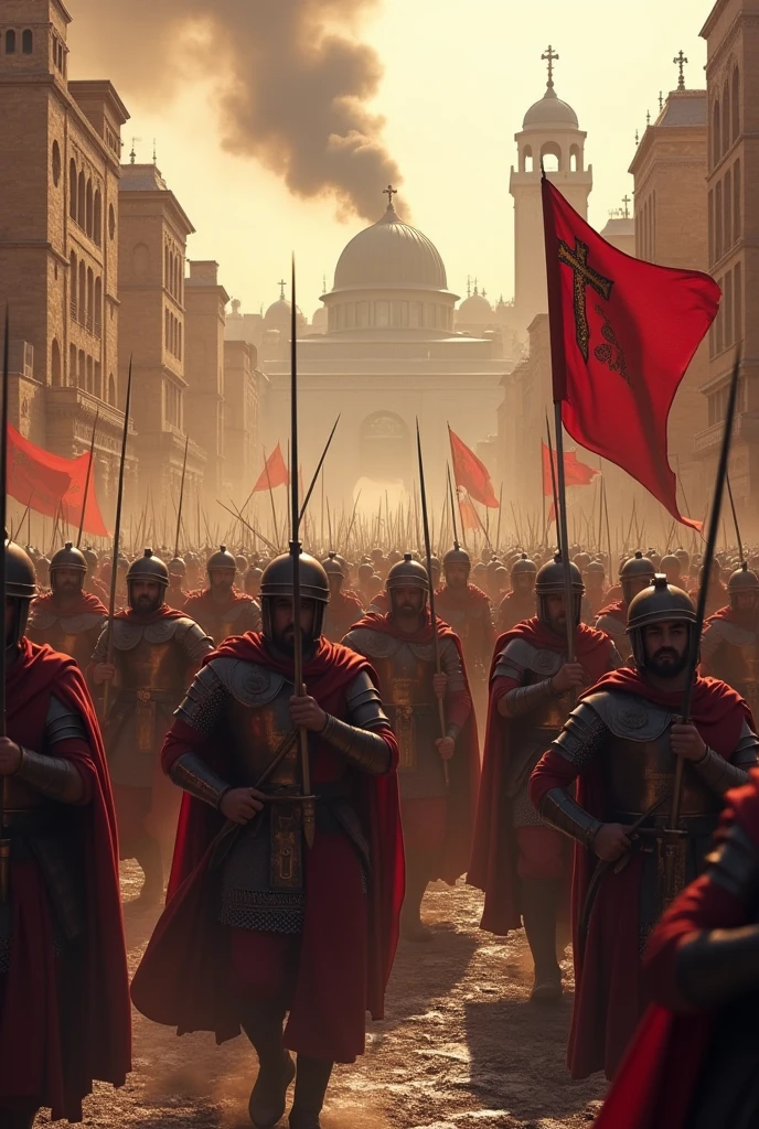 There are many men in red and gold uniforms marching down the street, estilo de arte de marc simonetti, Directed by: Artur Tarnowski, Directed by: Antonio Ciseri, Marc _ Simonetti, Estilo de Marcos Simonetti, Marcos Simonetti. intrincado, Directed by: Marcos Simonetti, Directed by: Harrington Mann, Directed by: Roman Bezpalkiv