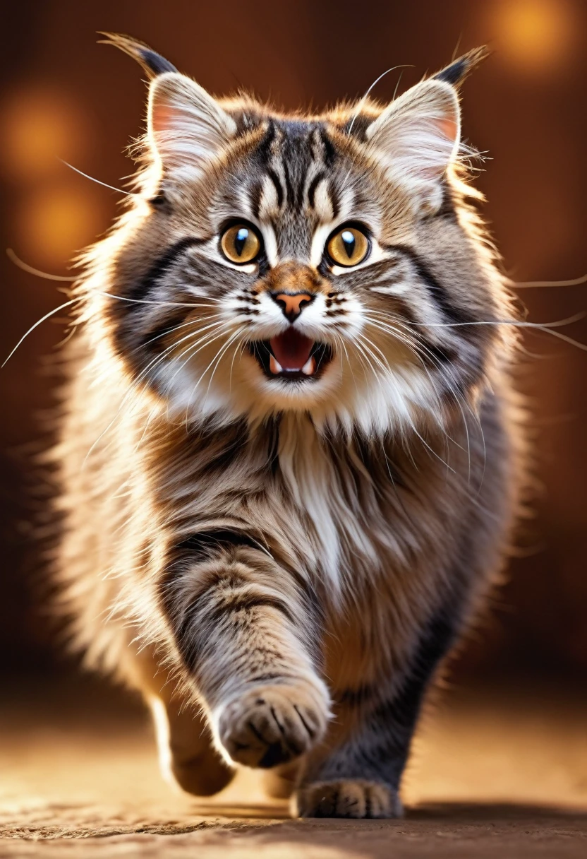 1 cute manul cat, running towards camera, fluffy fur, professional lighting, photomapping, radiosity, warm brown background, detailed eyes, detailed face, detailed fur, photorealistic, masterpiece