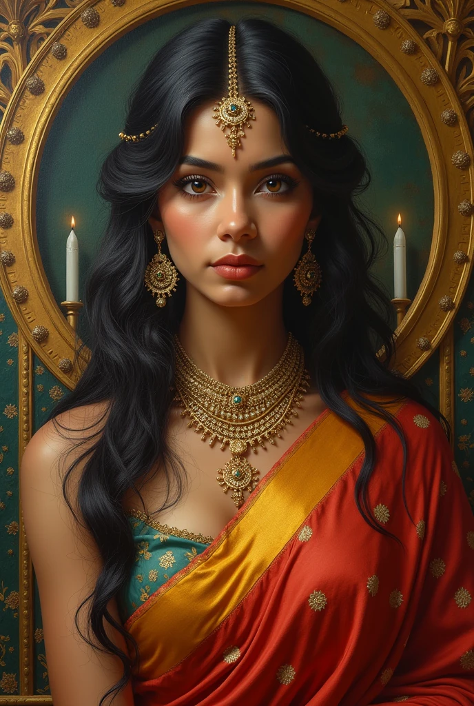 Beautiful Indian Woman, wearing saree, sari Beauty, gorgeous, Apsara, Maharani, royal queen woman, nymph from Hindu Mythology, Urvashi, matchless beauty, Highly detailed, Oil Painting by Peter Paul Rubens inspired by Raja Ravi Varma, Matchless beauty, captivating, gorgeous, heavenly beauty, celestial beauty, by Peter Paul Rubens, 13, realistic, hyper realistic, micro details, incredible artwork, insane details, ultra High resolution, 8k, 32k, acrylic on canvas, intricate, flawless, detailed, detailed face, detailed eyes, masterpiece, by Peter Paul Rubens, by Caravaggio, by William Adolphe bouguereau, perfect face, perfect body, beautiful art, realism, baroque, renaissance Art, highly textured, beautiful and detailed eyes, uhd, best quality,