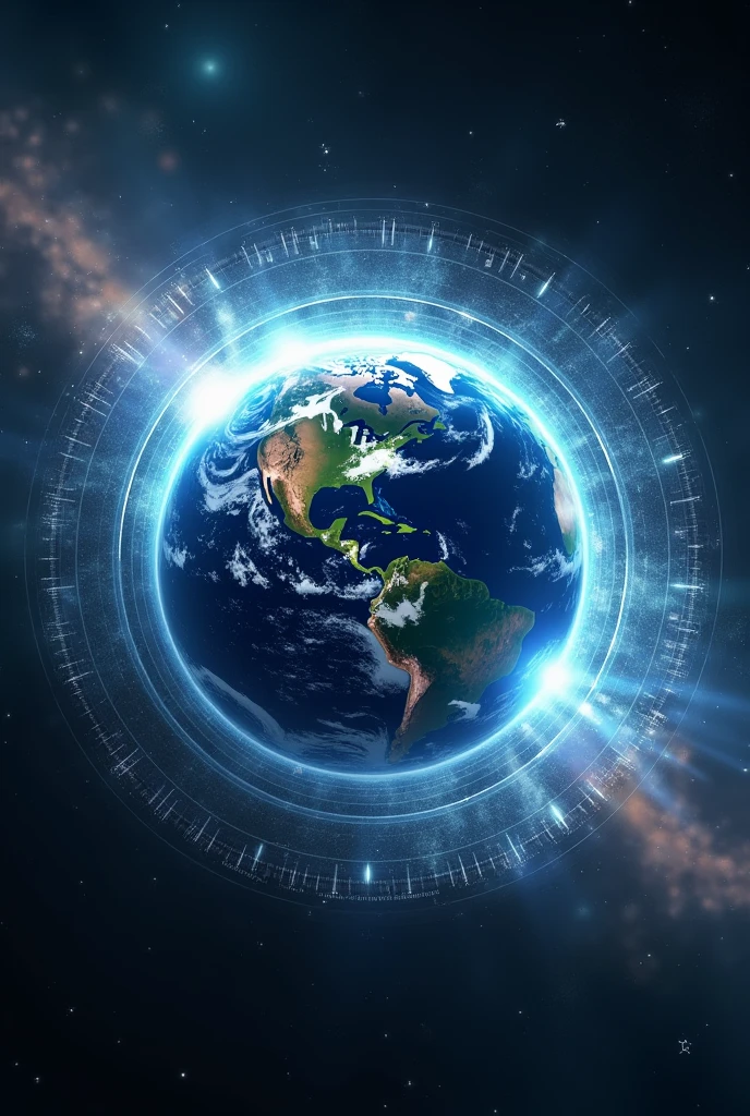 A futuristic earth with a protective energy shield blocking space debris like defending space junks