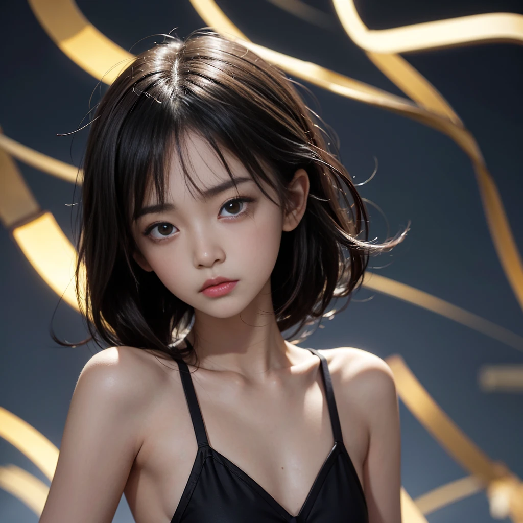 solo, High resolution, Gaze, Small breasts, Slanted Eyes, Brooding face, Expressionless, Empty look, Bad mood,  girl, small chest, single eyelids, small eyes, korean girl, Sanpaku eyes, grumpy face, black bikini, Contempt/angry gaze, asian eyes, monolid, half eyes, Shortcuts, 