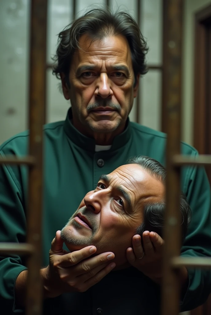 A photo of imran khan in jail holding cutted 
head of nawaz sharif