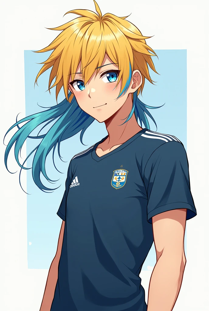 1boy,blonde hair, [(gradient hair from blue to blonde:1.4):0.4], footballar,slant eyes,long hair,{blue} inner hair,20 years old,hime cut,center part,cel anime