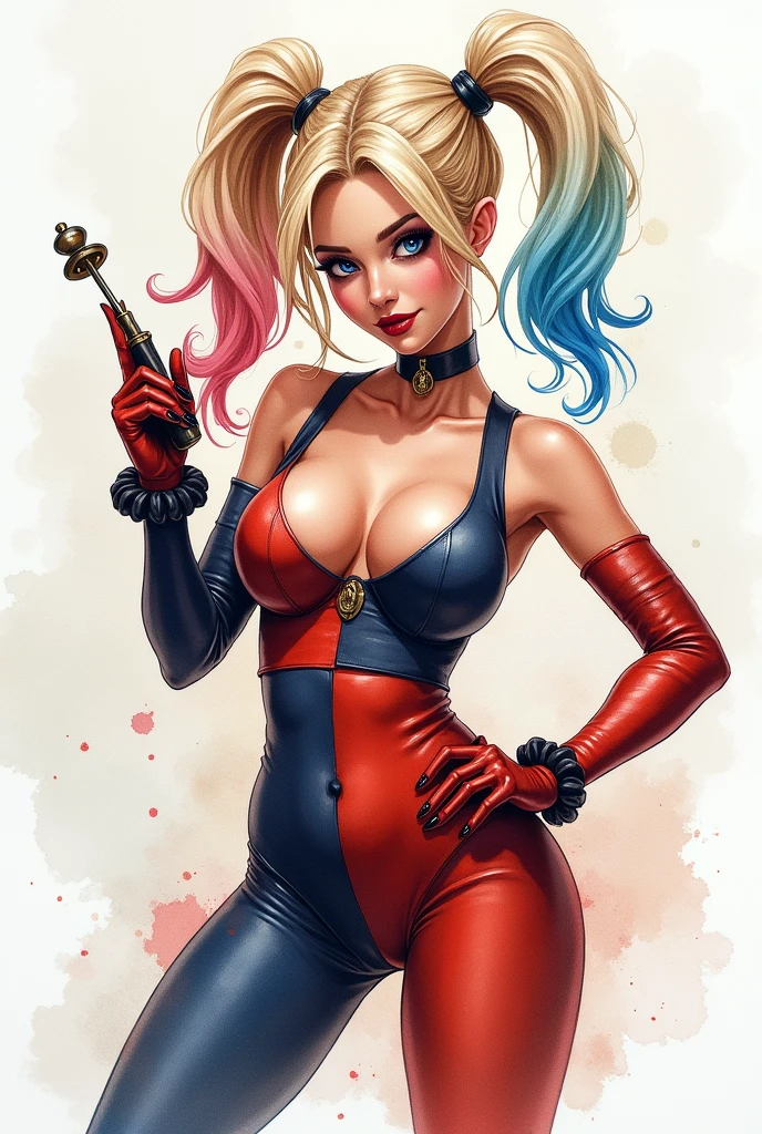 Steampunk style watercolor painting of Harley Quinn, a sassy girl holding a pin, aiming forward, mixed with splashes of color, sexy, seductive, charming, big breasts.
