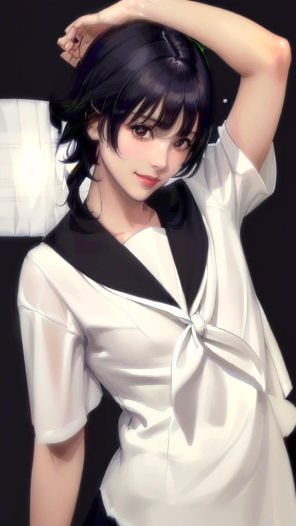 (（（Perfect body,White and tender skin,（（（JK_style，short-sleeved JK_shirt，short-sleeved JK_sailor，JK_suit，JK_tie ）））,（（（sui-feng, short hair, short hair with long locks，Black hair））），((masterpiece)),high resolution, ((Best quality at best)),masterpiece,quality,Best quality,（（（ Exquisite facial features,Looking at the audience,There is light in the eyes,Smile））），）））,（（（Light and shadow,Small chest，）））,（（（Looking at the camera,black background,)））),