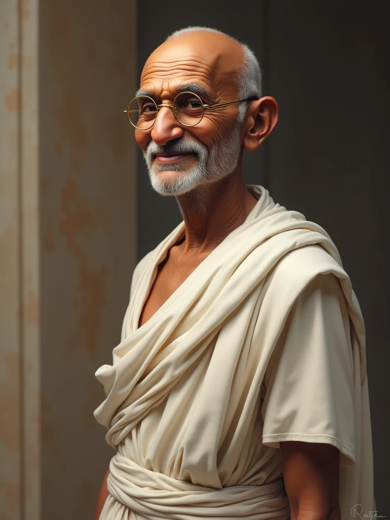 Create a character that resembles Mahatma Gandhi, with his distinct bald head, round glasses, and gentle, wise expression. He should be depicted wearing traditional Indian attire, including a white dhoti and shawl. The character has a peaceful and contemplative demeanor, standing upright with a serene smile. The background is minimal, focusing on the character's presence, with a subtle warm light highlighting his features, emphasizing the sense of wisdom and calm that Gandhi embodied."