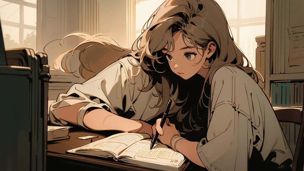 A girl sketching in a notebook at a quiet library, her hair in an ash balayage short, surrounded by soft, warm lighting, solo, solo focus.