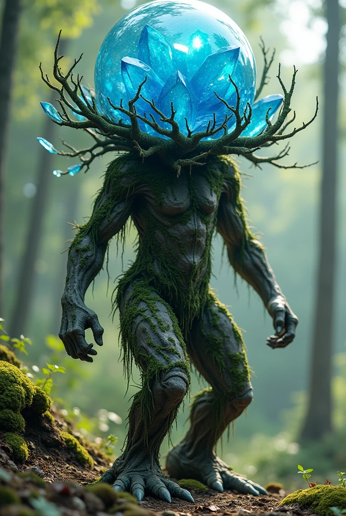 A living, human-like tree, large in size, able to walk and embedded with a small blue crystal, and a head that is a blue crystal ball floating between the body.