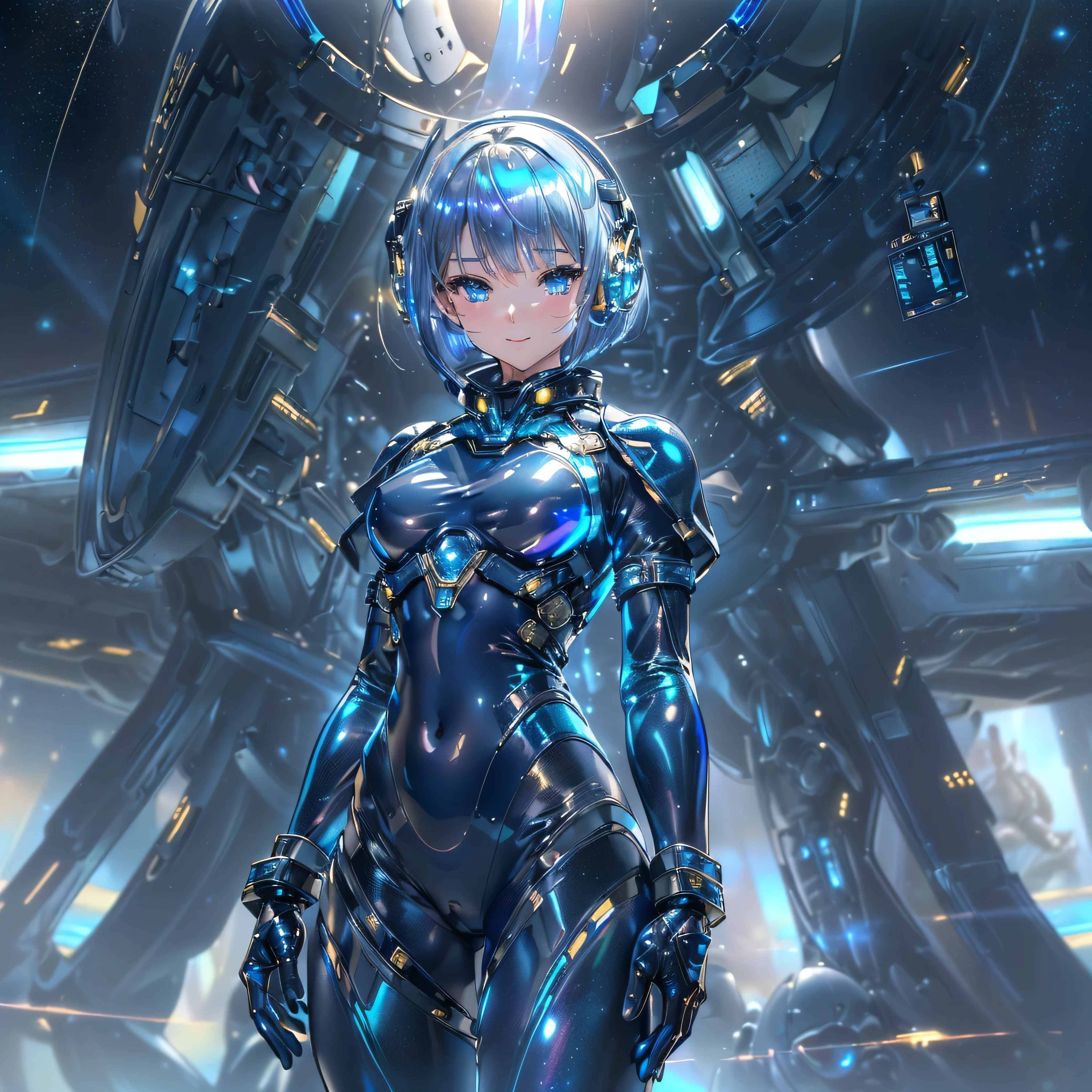 ((Holographic glow effect)),(masterpiece、Highest quality、Highest Resolution、Clear_image、Detailed details、Angle from above): (Whole body、One 20 year old girl、Japanese Faces、Small Face、Slender、Navy blue super short bob cut hair、(Hidden small breasts:1.3)、Sparkling blue eyes、Shiny pilot suit in blue and black colors、Chest protection armor、Tight fitting clothes、Clothing that covers the whole body、Glamorous clothes、Tight Fit Pants、Hide your skin、Very delicate and beautiful、Detailed Skin、hide thighs、Hide your ass、Cute、A gentle smile、Soft expression、heroine、headset、Knee-high boots、Elbow-length gloves、Eye Level Shot、Face directly、Woman on a spaceship)